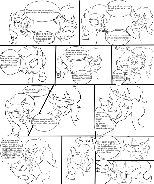 Size: 2552x3056 | Tagged: safe, artist:frikdikulous, derpibooru import, king sombra, nightmare rarity, rarity, pony, umbrum, unicorn, colored, colored horn, comic, corrupted, crown, curved horn, dark magic, dialogue, female, helmet, horn, hypnosis, image, jewelry, jpeg, king sideburns, magic, male, mare, monochrome, nightmarification, nightmarified, regalia, sketch, sombra eyes, sombra horn, stallion, text, tumblr, tumblr:ask king sombra and queen sweetie belle