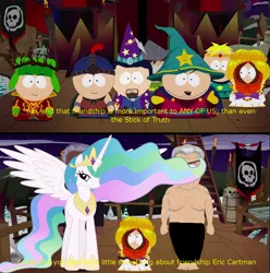 Size: 1012x1022 | Tagged: big bad government guy, butters stotch, castle, censored, crossover, douchebag, eric cartman, jimmy valmer, kenny mccormick, kyle broflovski, morgan freeman, night, ponified, princess celestia, safe, skull, south park, south park: the stick of truth, stan marsh, the new kid, video game