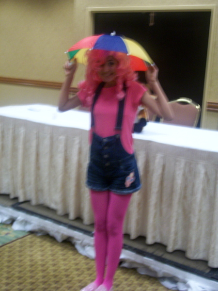 Size: 3000x4000 | Tagged: artist:the-flying-elephant, convention, cosplay, derpibooru import, hat, human, irl, irl human, overalls, photo, pinkie pie, safe, solo, st. louis crystal fair, umbrella hat