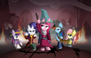 Size: 900x576 | Tagged: anthro, artist:oscarndraw, crossover, derpibooru import, fluttershy, hammer, pinkie pie, ponyville and the stick of harmony, rainbow dash, rarity, safe, south park, south park: the stick of truth, stick, twilight sparkle, wooden sword