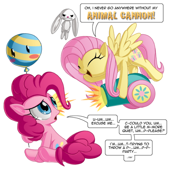 Size: 1000x1000 | Tagged: safe, artist:berrypawnch, derpibooru import, angel bunny, fluttershy, pinkie pie, earth pony, pegasus, pony, andrea libman, angel bunny is unamused, angry, balloon, blush sticker, blushing, cannon, carrying, cute, dialogue, eyes closed, female, frown, glare, grumpy, hoof hold, lidded eyes, looking back, mare, open mouth, party cannon, personality swap, role reversal, sad, sadorable, shy, shyabetes, smiling, speech bubble, spread wings, unamused, underhoof, voice actor joke, wings, yay