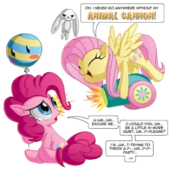 Size: 1000x1000 | Tagged: safe, artist:berrypawnch, derpibooru import, angel bunny, fluttershy, pinkie pie, earth pony, pegasus, pony, andrea libman, angel bunny is unamused, angry, balloon, blush sticker, blushing, cannon, carrying, cute, dialogue, eyes closed, female, frown, glare, grumpy, hoof hold, lidded eyes, looking back, mare, open mouth, party cannon, personality swap, role reversal, sad, sadorable, shy, shyabetes, smiling, speech bubble, spread wings, unamused, underhoof, voice actor joke, wings, yay