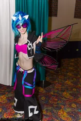 Size: 1365x2048 | Tagged: 2014, animeland wasabi, artist:pyrotempertantrum, belly button, cosplay, derpibooru import, grin, human, irl, irl human, midriff, photo, raver, safe, smiling, solo, sunglasses, vinyl scratch, wings