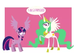 Size: 1280x918 | Tagged: safe, artist:jokerpony, derpibooru import, princess celestia, twilight sparkle, twilight sparkle (alicorn), alicorn, pony, askprincessderpestia, derp, derpestia, dialogue, female, mare, scene parody, stylized, stylized cartoon horse, wat, wing ears, wings