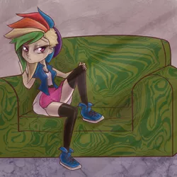 Size: 2500x2500 | Tagged: alternate hairstyle, artist:checkerboardazn, clothes, derpibooru import, equestria girls outfit, human, humanized, rainbow dash, safe, sitting pretty, solo, stockings, thigh highs