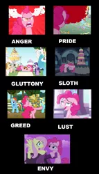 Size: 1226x2146 | Tagged: safe, derpibooru import, donut joe, fluttershy, gustave le grande, mulia mild, pinkie pie, princess celestia, rainbow dash, rarity, twilight sparkle, gryphon, meme, seven deadly sins