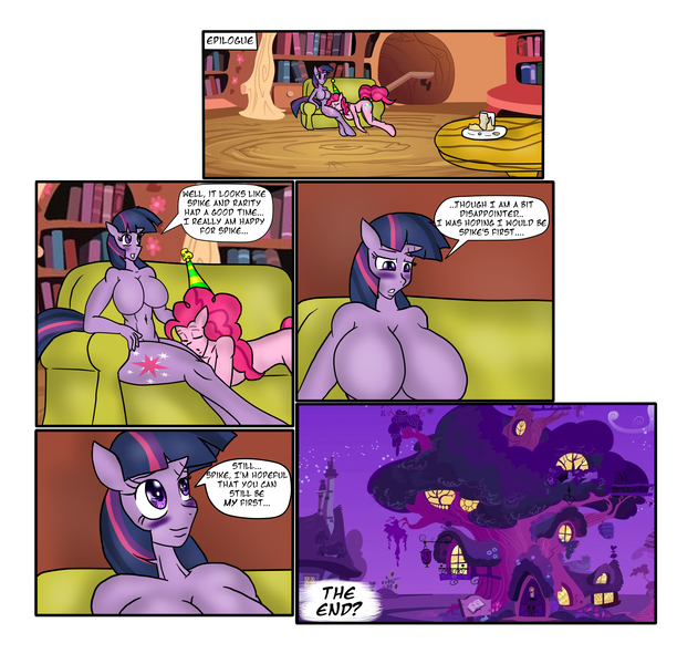 Size: 1900x1806 | Tagged: questionable, artist:nessvii, artist:sorathecity-slicker, derpibooru import, pinkie pie, spike, twilight sparkle, anthro, unguligrade anthro, comic:the surprise party, barbie doll anatomy, belly button, big breasts, blushing, breasts, busty pinkie pie, busty twilight sparkle, comic, dialogue, featureless breasts, female, hat, huge breasts, jontron thread, male, nudity, party hat, shipping, sideboob, straight, twispike