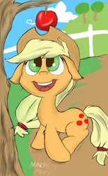 Size: 784x1280 | Tagged: apple, applejack, artist:macheteponies, atryl-ish, chest fluff, cute, derpibooru import, floppy ears, happy, looking up, open mouth, safe, sitting, solo, style emulation, tree