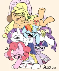 Size: 600x718 | Tagged: applejack, artist:nekubi, blushing, book, cuddle puddle, cuddling, cute, derpibooru import, drool, eyes closed, floppy ears, fluttershy, frown, glasses, mane six, music notes, oc, on back, open mouth, pinkie pie, pixiv, pony pile, prone, rainbow dash, rarity, reading, safe, sleeping, smiling, snuggling, sweatdrop, :t, twilight sparkle