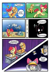 Size: 2671x3841 | Tagged: apple bloom, applejack, artist:vicse, astronaut, chase, classroom, comic, dark, derpibooru import, floppy ears, frown, grin, gritted teeth, pencil, safe, satellite, scene parody, shark, smiling, snorkel, somepony to watch over me, space, spacesuit, stalking, swimming, together forever, underwater, wide eyes