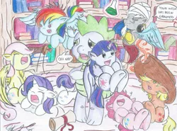 Size: 1477x1091 | Tagged: dead source, safe, artist:sparky40, derpibooru import, applejack, discord, fluttershy, pinkie pie, rainbow dash, rarity, spike, twilight sparkle, twilight sparkle (alicorn), alicorn, genie, pony, age regression, babity, baby, baby dash, baby pie, baby pony, babyjack, babylight sparkle, babyshy, crying, dialogue, diaper, female, filly, foal, frown, genie discord, happy, laughing, mane seven, mane six, mare, now you fucked up, potion, sad, scroll, shocked, smiling, traditional art, wat, what were you thinking, wide eyes, wtf
