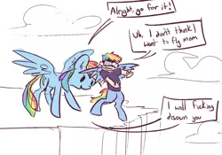 Size: 1528x1069 | Tagged: artist:nobody, cliff, derpibooru import, dialogue, flying lesson, goggles, gritted teeth, mama dash, mother, mother and son, oc, oc:icarus, offspring, original species, parent:rainbow dash, pushing, rainbow dash, rainbow douche, safe, satyr, scared, smiling, son, spread wings, vulgar