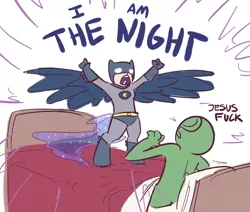 Size: 1712x1449 | Tagged: artist:nobody, batman, bed, daughter, dc comics, derpibooru import, dialogue, father, father and daughter, i am the night, oc, oc:anon, oc:selene, offspring, parent:anon, parent:oc:anon, parent:princess luna, safe, satyr, surprised, unofficial characters only, vulgar, winged humanization