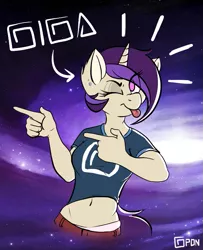 Size: 625x768 | Tagged: safe, artist:gigapon, derpibooru import, oc, unofficial characters only, anthro, anthro oc, belly button, breasts, clothes, female, giga, midriff, pointing, solo, tongue out, wink