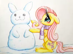 Size: 1446x1068 | Tagged: artist:prettypinkpony, clothes, derpibooru import, fluttershy, safe, scarf, snow, solo