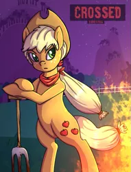 Size: 507x665 | Tagged: semi-grimdark, artist:deyogee, derpibooru import, applejack, pony, bandana, bipedal, bipedal leaning, blood, crossed, fire, night, solo