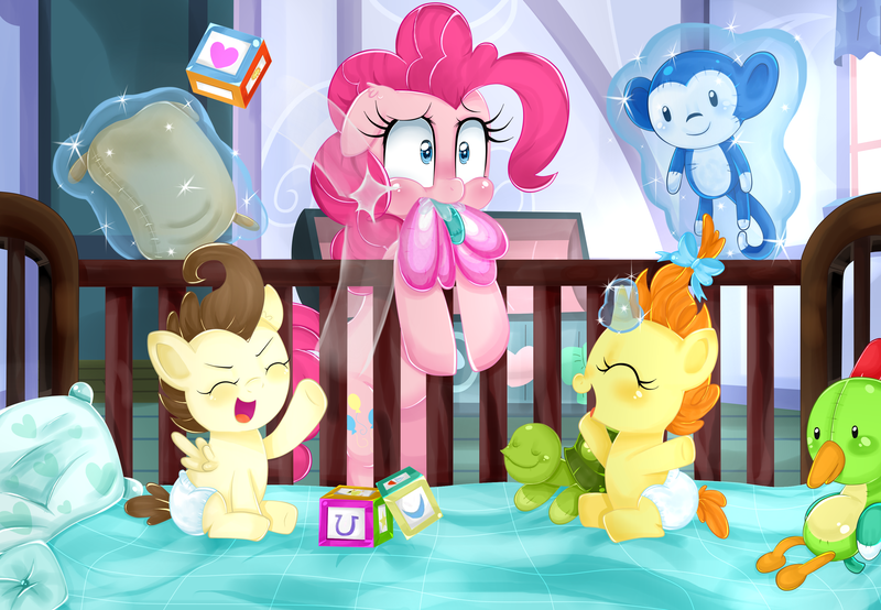 Size: 3216x2228 | Tagged: artist:lucy-tan, baby cakes, babysitting, derpibooru import, magic, monkey, pinkie pie, plushie, pound cake, pumpkin cake, safe, scene interpretation, toy, turtle