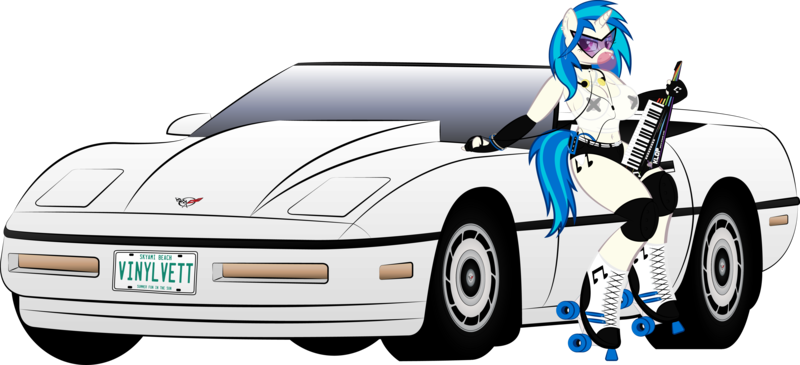 Size: 4810x2194 | Tagged: anthro, areola, artist:skeletal-k9, belly button, bracelet, breasts, bubblegum, busty vinyl scratch, car, chevrolet, chevrolet corvette, clothes, collar, corvette, corvette c4, derpibooru import, ear piercing, earring, evening gloves, female, food, gloves, gum, headphones, jewelry, kamina sunglasses, keytar, knee pads, leash, long gloves, looking at you, midriff, musical instrument, necklace, nipple tape, no bra underneath, pasties, piercing, questionable, roller skates, see-through, sexy, simple background, solo, solo female, transparent background, vinyl scratch, walkman