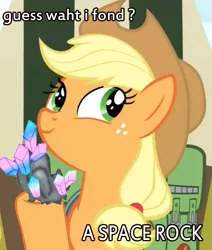 Size: 509x600 | Tagged: safe, derpibooru import, edit, edited screencap, screencap, applejack, somepony to watch over me, image macro, meme, phonetic accent, solo, space rock