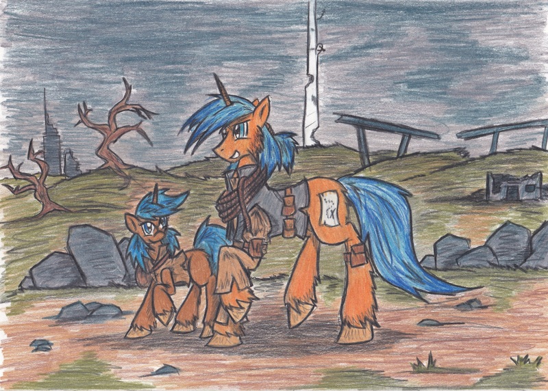 Size: 3437x2457 | Tagged: artist:zubias, derpibooru import, fallout equestria, oc, safe, traditional art, unofficial characters only, younger