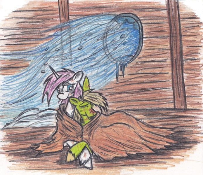 Size: 2439x2105 | Tagged: artist:zubias, blanket, blushing, cold, cuddling, cute, derpibooru import, eyes closed, fallout equestria, fallout equestria: murky number seven, female, hug, male, murkylight, oc, oc:glimmerlight, oc:murky, safe, scar, smiling, snuggling, straight, traditional art, unofficial characters only, unshorn fetlocks