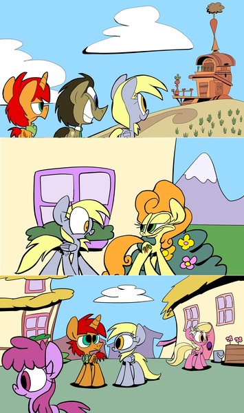 Size: 1280x2164 | Tagged: safe, artist:joeywaggoner, derpibooru import, berry punch, berryshine, carrot top, derpy hooves, doctor whooves, golden harvest, lily, lily valley, time turner, oc, oc:tick tock, pegasus, pony, carrot house, female, mare