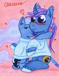 Size: 787x1015 | Tagged: safe, artist:the1king, derpibooru import, princess luna, oc, oc:azure night, azuna, canon x oc, clothes, cuddling, female, hug, male, shipping, snuggling, straight, sweater, traditional art