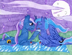 Size: 2048x1584 | Tagged: safe, artist:the1king, derpibooru import, princess luna, oc, oc:azure night, alicorn, pony, unicorn, azuna, canon x oc, female, male, moon, night, picnic, picnic blanket, shipping, stars, straight