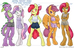 Size: 6622x4339 | Tagged: safe, artist:ambris, derpibooru import, apple bloom, babs seed, scootaloo, spike, sweetie belle, anthro, dragon, earth pony, pegasus, unguligrade anthro, unicorn, absurd resolution, bare chest, belly button, boxer briefs, boyshorts, breasts, chart, clothes, cutie mark crusaders, delicious flat chest, female, hooves, looking at you, midriff, nightgown, older, panties, raised eyebrow, size chart, size comparison, smiling, tanktop, teenage spike, topless, underwear