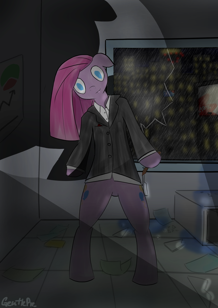 Size: 2314x3268 | Tagged: artist:gentlepie, businessmare, clothes, derpibooru import, pinkamena diane pie, pinkie pie, razor, semi-grimdark, solo, suit