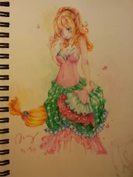 Size: 1536x2048 | Tagged: applejack, applejewel, artist:ategi, bouquet, clothes, derpibooru import, dress, eared humanization, flower, human, humanized, pixiv, safe, sketchbook, solo, tailed humanization, traditional art