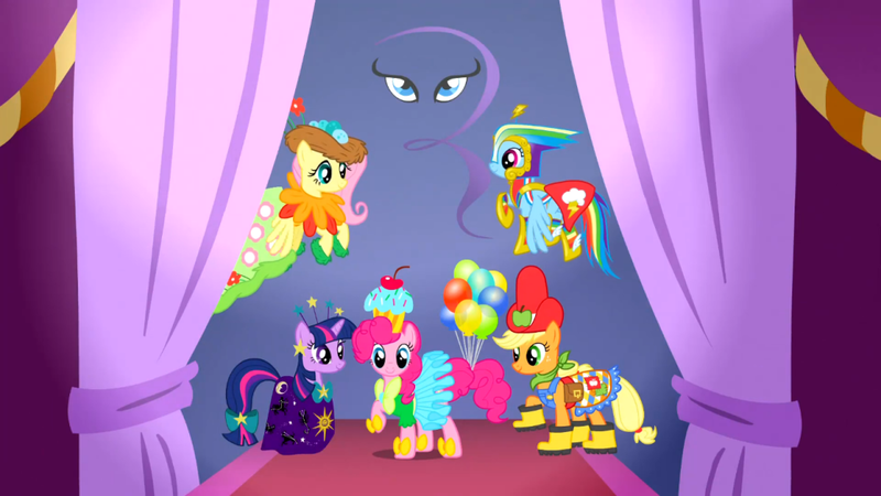 Size: 1050x590 | Tagged: applejack, clothes, derpibooru import, dress, fluttershy, pinkie pie, rainbow dash, safe, screencap, suited for success, twilight sparkle