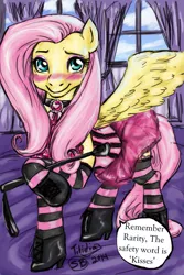 Size: 853x1280 | Tagged: artist:tilidia, bdsm, blushing, clothes, collar, derpibooru import, dialogue, female, fluttershy, lingerie, rarity, riding crop, safe word, see-through, see-through skirt, shipping, skirt, solo, solo female, stockings, suggestive, whip