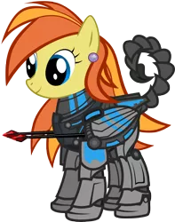 Size: 6000x7601 | Tagged: safe, artist:amino, derpibooru import, oc, oc:graceful sunrise, unofficial characters only, pegasus, pony, fallout equestria, absurd resolution, armor, augmented tail, earring, powered exoskeleton, simple background, smiling, solo, spear, transparent background, vector