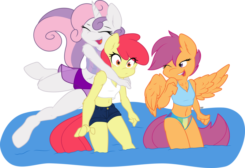 Size: 3331x2286 | Tagged: safe, artist:ambris, artist:gray-gold, derpibooru import, apple bloom, scootaloo, sweetie belle, anthro, earth pony, pegasus, unguligrade anthro, unicorn, .svg available, belly button, bikini, blushing, chest fluff, clothes, cutie mark crusaders, eyes closed, female, fluffy, glomp, hug, hug from behind, lesbian, meta, midriff, multiple variants, older, open mouth, shipping, shorts, simple background, smiling, surprised, svg, sweetiebloom, swimsuit, transparent background, water, wide eyes, wink