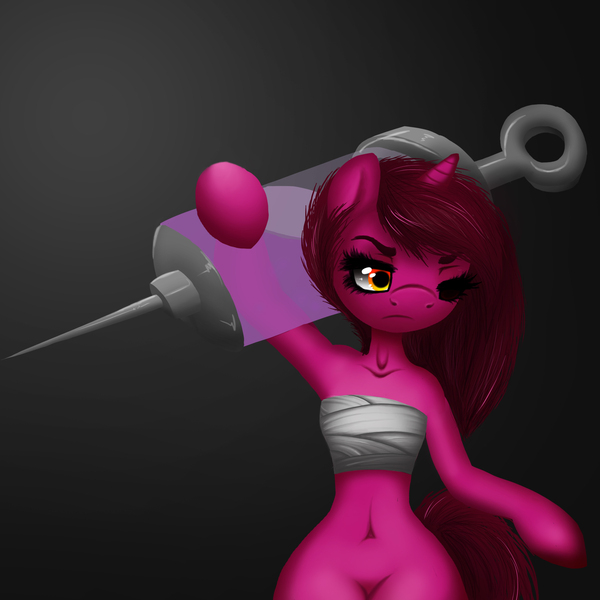 Size: 2362x2362 | Tagged: anthro, anthro oc, artist:pitchyy, breast binding, derpibooru import, female, giant syringe, oc, oc:pitch, solo, solo female, suggestive, syringe, unofficial characters only