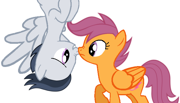 Size: 628x360 | Tagged: safe, artist:dreamcasterpegasus, derpibooru import, rumble, scootaloo, pegasus, pony, boop, female, flying, male, nose wrinkle, noseboop, older, rumbloo, shipping, straight, upside down