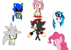 Size: 1878x1329 | Tagged: safe, artist:megaartist923, derpibooru import, pinkie pie, vinyl scratch, amy rose, crossover, image, metal sonic, png, shadow the hedgehog, silver the hedgehog, simple background, sonic the hedgehog, sonic the hedgehog (series), white background