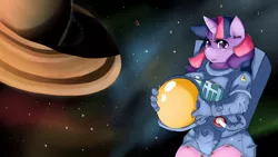 Size: 1280x720 | Tagged: safe, artist:nepkari, derpibooru import, twilight sparkle, anthro, unicorn, astronaut, helmet, planet, solo, space, spacesuit, unicorn twilight