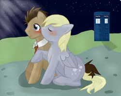 Size: 1005x795 | Tagged: safe, artist:littlecupoframen, derpibooru import, derpy hooves, doctor whooves, time turner, pegasus, pony, blushing, cute, derpabetes, doctorderpy, female, kissing, male, mare, night, shipping, straight, tardis