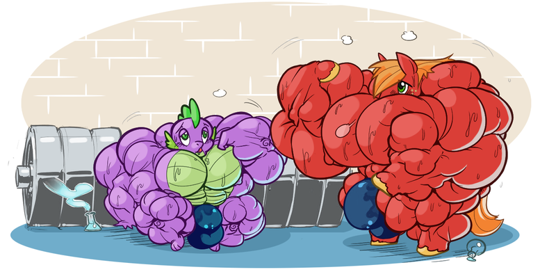 Size: 1280x625 | Tagged: questionable, artist:dodoki, artist:stagor, derpibooru import, big macintosh, spike, earth pony, pony, semi-anthro, beefspike, fetish, great macintosh, male, muscle fetish, muscles, overdeveloped muscles, stallion, weight lifting