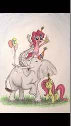 Size: 670x1191 | Tagged: artist:thefriendlyelephant, balloon, birthday, candle, dancing, elephant, fluttershy, grass, hat, oc, oc:obi, outdoors, party, party hat, pi day, pie, pinkie pie, safe, smiling, traditional art, trio