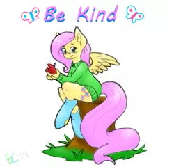 Size: 567x544 | Tagged: animal, anthro, artist:bunnycat, bird, clothes, cute, derpibooru import, element of kindness, elements of harmony, fluttershy, heart, looking at you, nature, safe, sitting, smiling, socks, solo, sweater, sweatershy, tree stump, unguligrade anthro