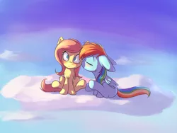 Size: 3200x2400 | Tagged: safe, artist:sokolas, derpibooru import, fluttershy, rainbow dash, pegasus, pony, blushing, cloud, cloudy, cute, eyes closed, female, filly, filly fluttershy, filly rainbow dash, flutterdash, kissing, lesbian, shipping, sky, surprise kiss, surprised, younger