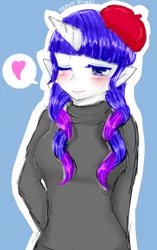 Size: 444x709 | Tagged: artist:divided-s, beatnik rarity, beret, clothes, derpibooru import, elf ears, hat, horned humanization, human, humanized, pixiv, rarity, safe, solo