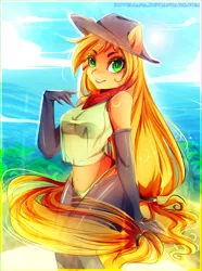 Size: 1340x1800 | Tagged: anthro, applejack, artist:koveliana, breasts, chromatic aberration, clothes, color porn, derpibooru import, evening gloves, female, fireproof boots, midriff, panties, see-through, solo, suggestive, underwear