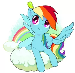 Size: 512x500 | Tagged: safe, artist:moudoku, derpibooru import, rainbow dash, butterfly, insect, animal, cloud, cute, dashabetes, on a cloud, pixiv, prone, rainbow, simple background, solo, white background