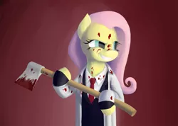 Size: 1578x1126 | Tagged: semi-grimdark, artist:mraccoon, derpibooru import, fluttershy, pony, american psycho, axe, badass, bipedal, blood, clothes, crossover, equestrian psycho, flutterbadass, grin, hay paul, hoof hold, looking at something, looking away, manic grin, patrick bateman, psychotic, solo