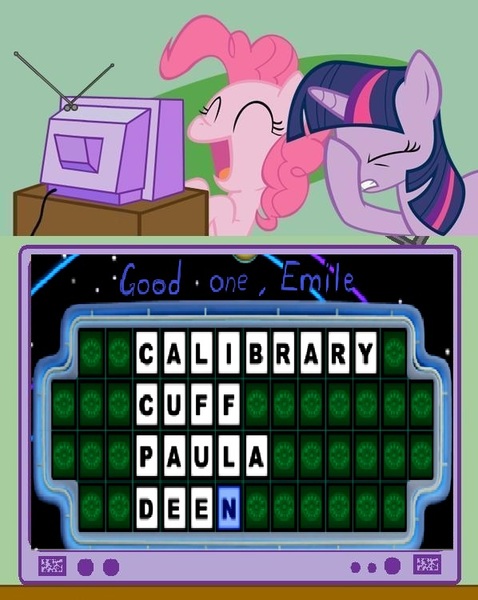 Size: 598x750 | Tagged: calibrary cuff paula deen, chuggaaconroy, critical failure, derpibooru import, epic fail, exploitable meme, facehoof, laughing, meme, mixed reactions, obligatory pony, paula deen, pinkie pie, safe, therunawayguys, tv meme, twilight sparkle, wheel of fortune