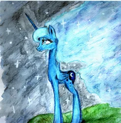 Size: 2469x2507 | Tagged: safe, artist:denigirl, derpibooru import, princess luna, alicorn, pony, night, solo, traditional art